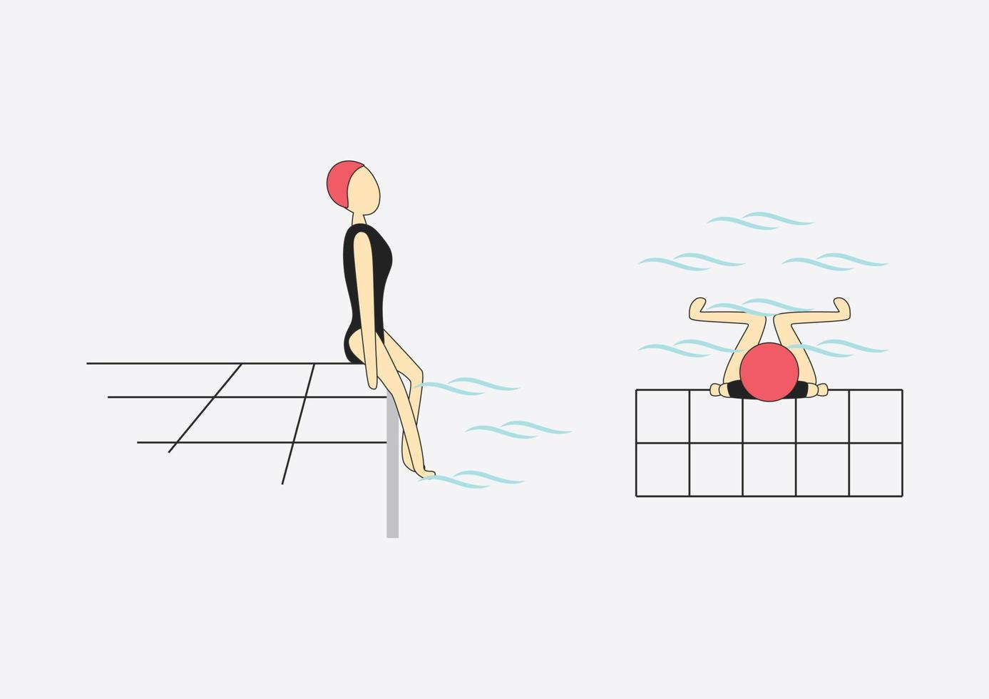 Imitierende Bewegungen mit Brust und Beinen im Wasser ausführen, auf dem Rand des Schwimmbeckens sitzend. Draufsicht und Seitenansicht. vektor