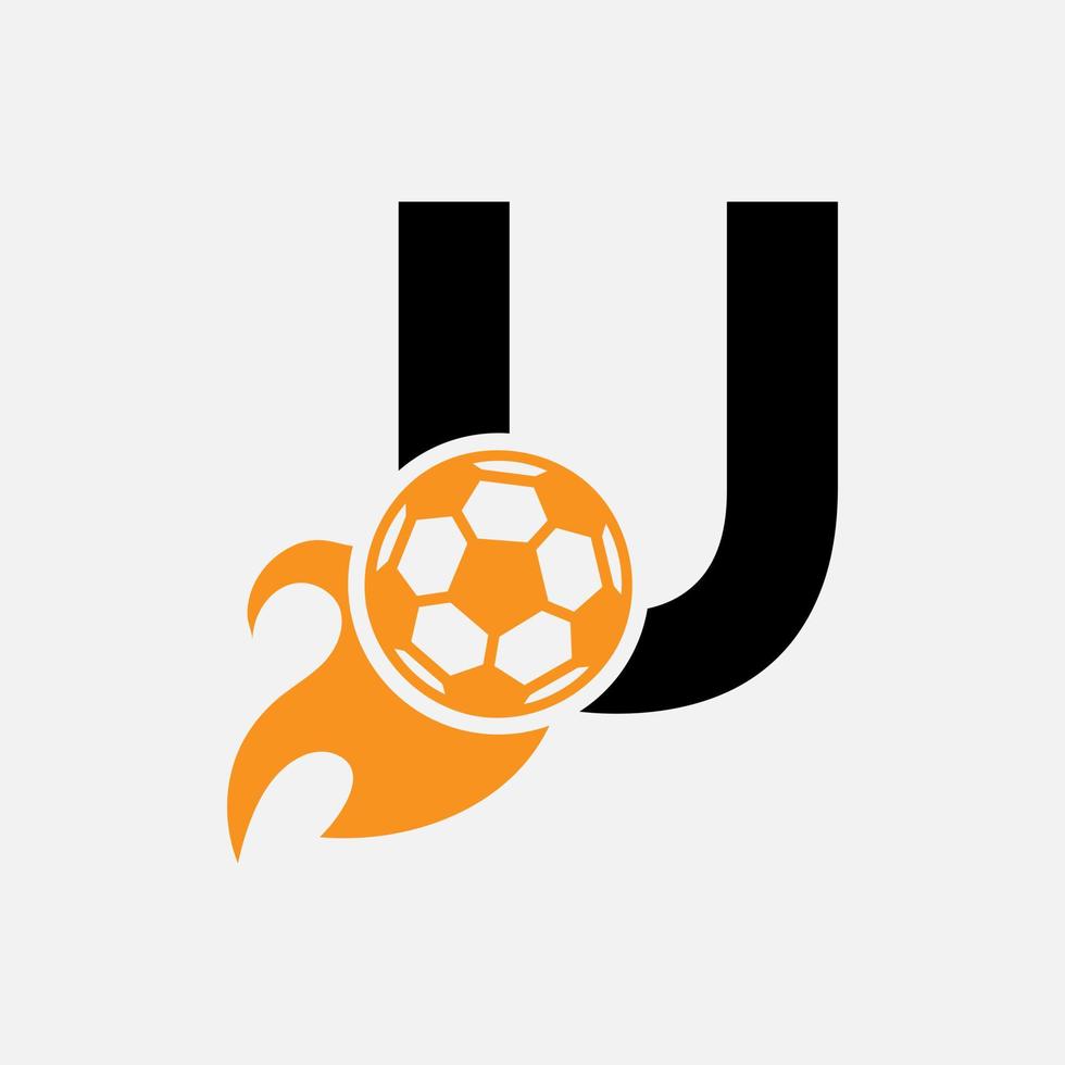 Anfangsbuchstabe u Fußball-Logo-Konzept mit beweglichem Fußball-Symbol und Feuersymbol. Fußball-Logo-Vektorvorlage vektor