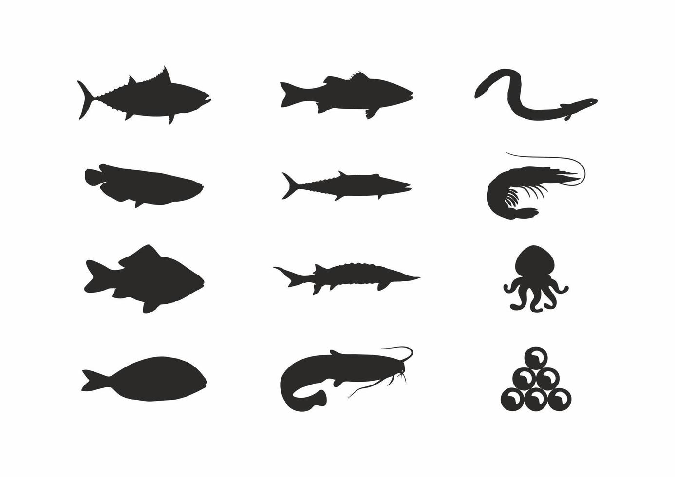 Meeresfrüchte- und Fisch-Icon-Set. Fischsilhouetten schwarz auf weiß. vektor