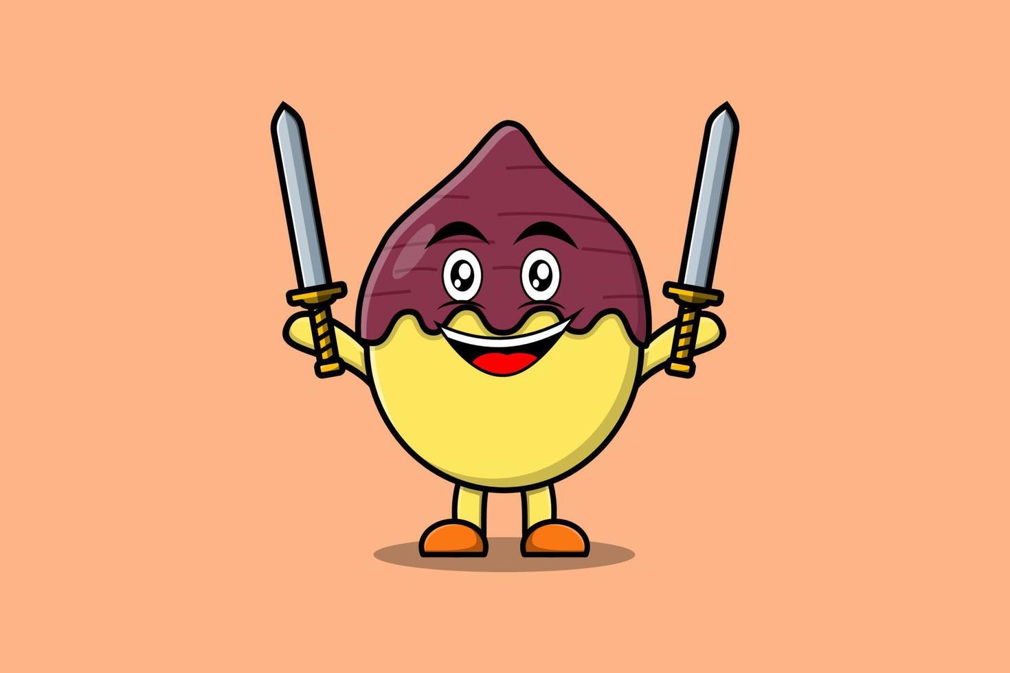 süßer Cartoon-Süßkartoffel-Charakter hält zwei Schwerter vektor