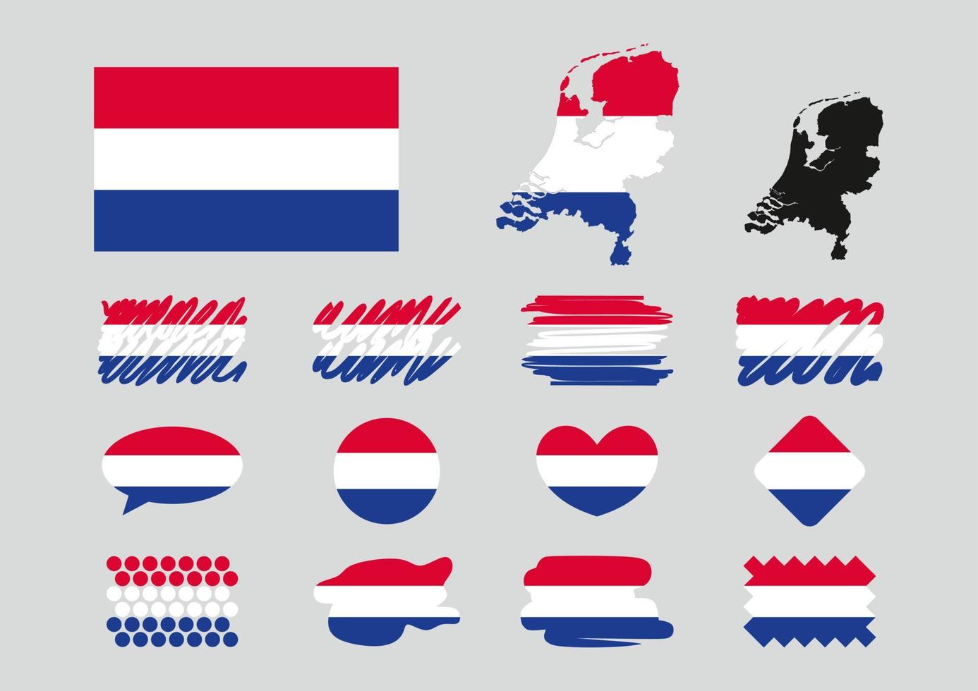 nederländerna flagga uppsättning. Karta, hjärta, cirkel, romb, märke, text ram, prickar. vektor