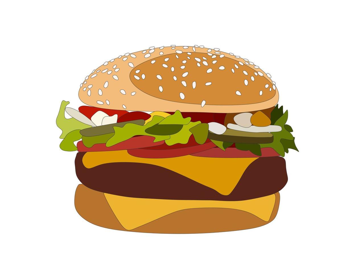 Burger-Cartoon-Illustration. Gemüse. Tomaten, Gurken, Salat. vektor