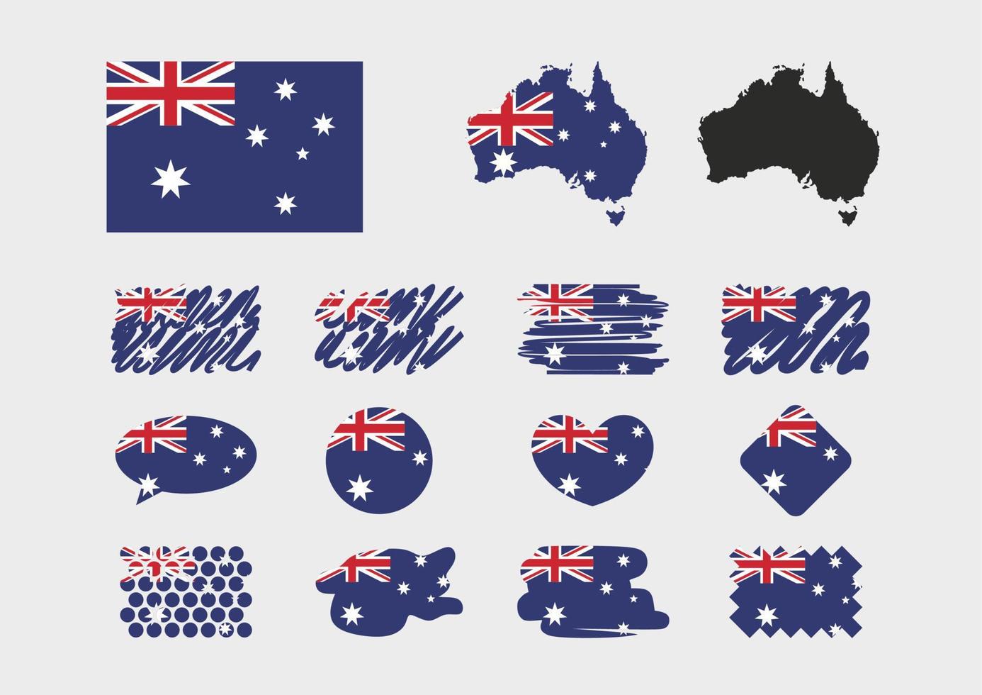 Australien flagga illustration borsta stroke och hand dragen flaggor av Australien isolerat på vit bakgrund. platt vektor symboler. hjärta, tala ikon, romb, Karta, knapp. blå, röd färger. vit stjärnor.