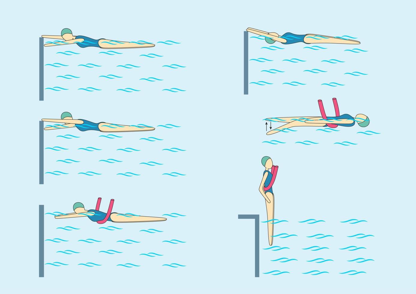 övningar med simning nudel. simning slå samman professionell instruktioner. flicka eller ung kvinnor är tränar. vektor