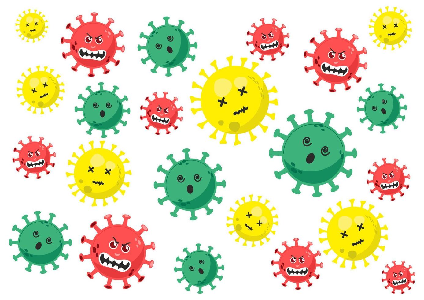 tecknad serie virus och bakterie karaktär mönster isolerat på vit bakgrund. färgrik. röd, grön, gul. vektor