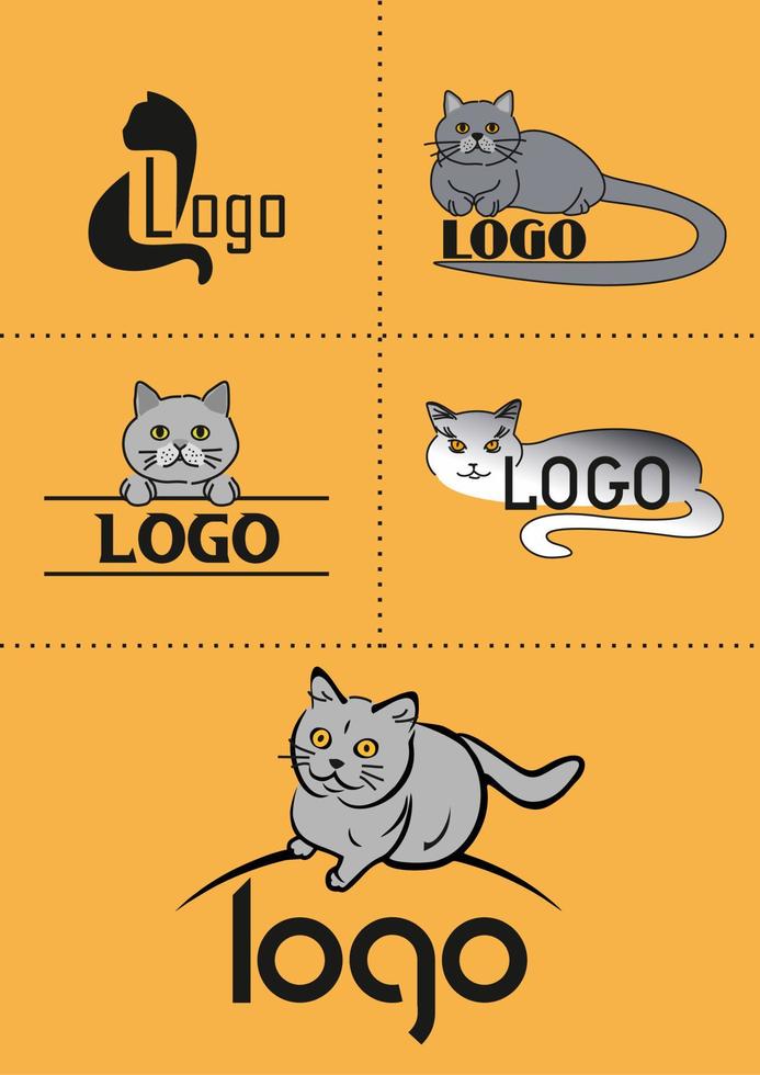 Logo der britischen Kurzhaarkatze. pet shop katzen haustiere schutz freundlich lustige symbole sammlung. orangefarbener Hintergrund. graue, weiße und schwarze Farben. vektor