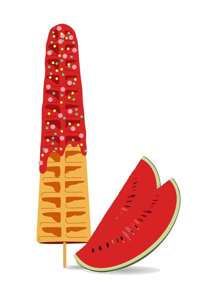ljuv mat och efterrätt mat, vektor illustration av gyllene brun hemlagad majs hund eller varm hund våffla på en pinne i olika smaker dekorationer och vattenmelon choklad. röd Färg. vattenmelon skivor.