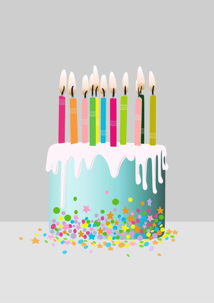 Bunte Geburtstagstorte mit Streuseln und elf Kerzen auf grauem Hintergrund. vektor