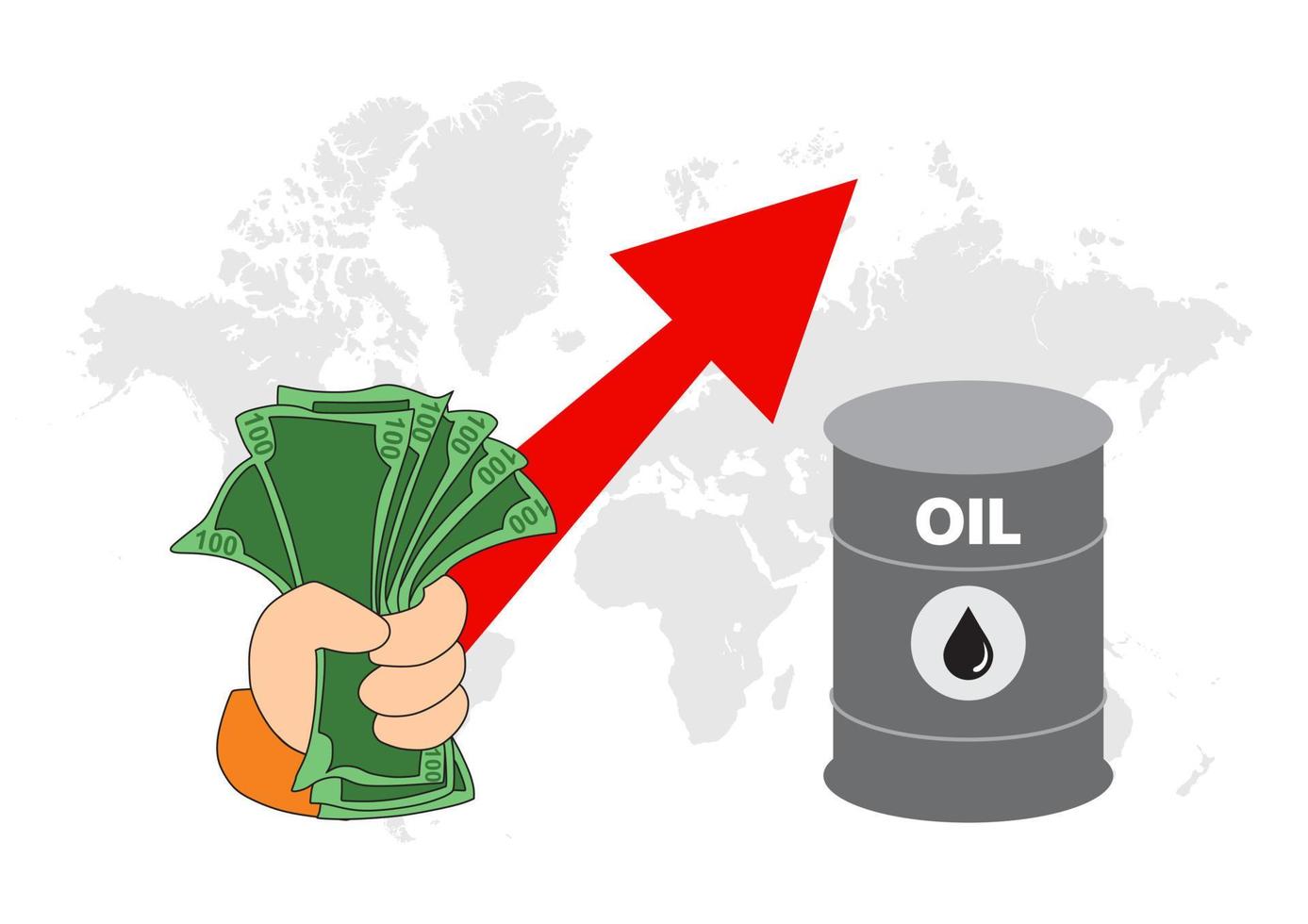 Die globalen Ölpreise stiegen auf ein kritisches Niveau, die Krise der Kraftstoffwirtschaft und das Konzept der teuren Gaspreise. Weltkarte. graues Ölfass. roter Pfeil. Hand mit Geld. vektor