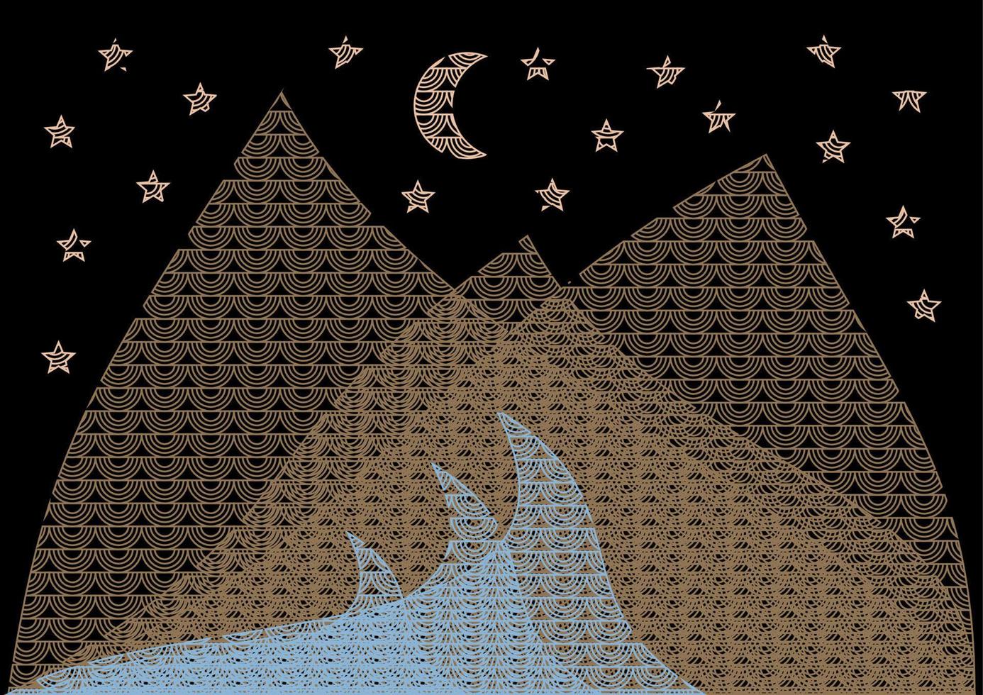 japanische verzierungslinie kunstlandschaftshintergrund. abstraktes berg- und wellenbanner-designmuster. vektorgeometrisches plakat. Mond und Sterne. Nachtzeit. vektor
