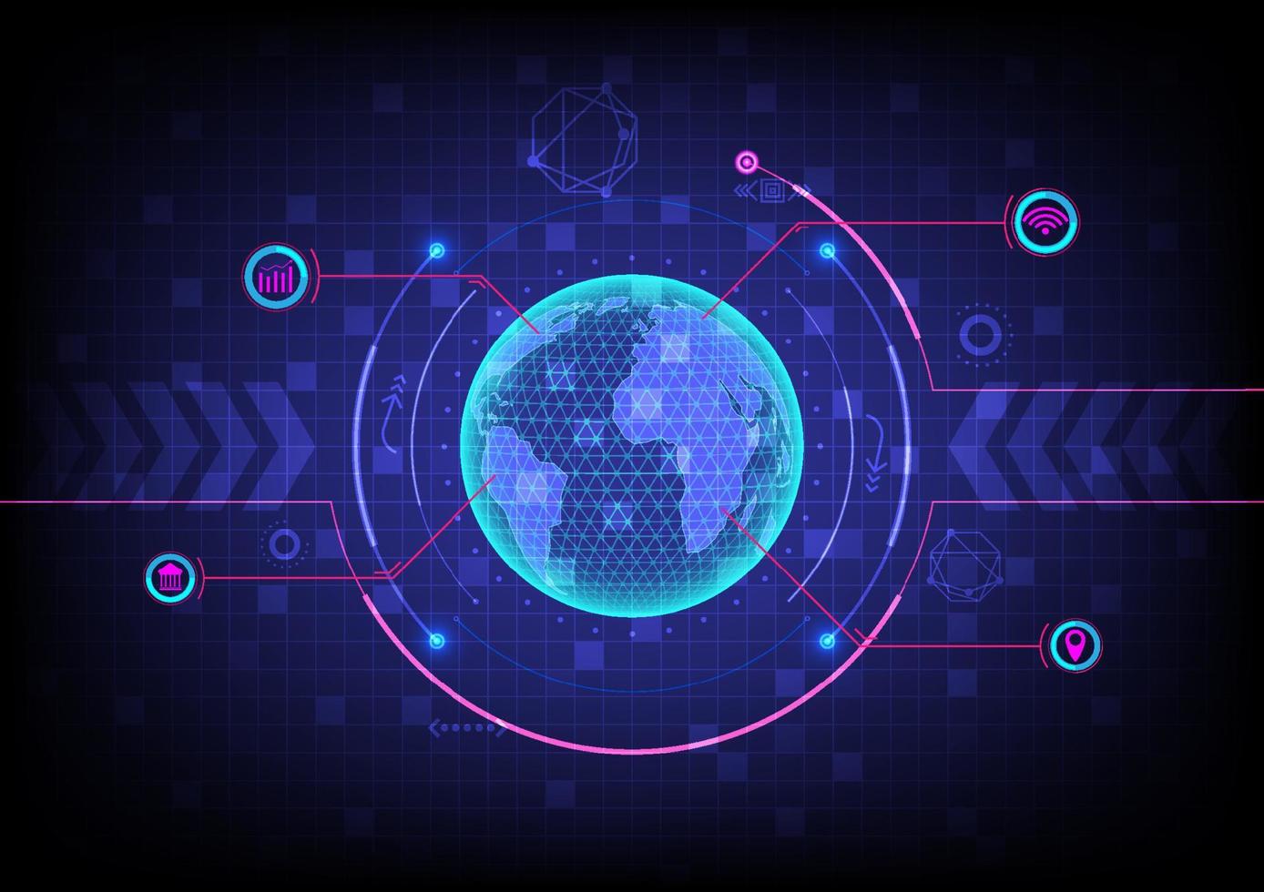 Hi-Tech abstrakter Hintergrund leuchtender 3D-Globus mit gepunktetem Kreis und umrissener Positionslinie zu verschiedenen Symbolen Es gibt mehrere Elemente und Gitter auf einem blauen Hintergrund mit Farbverlauf. vektor