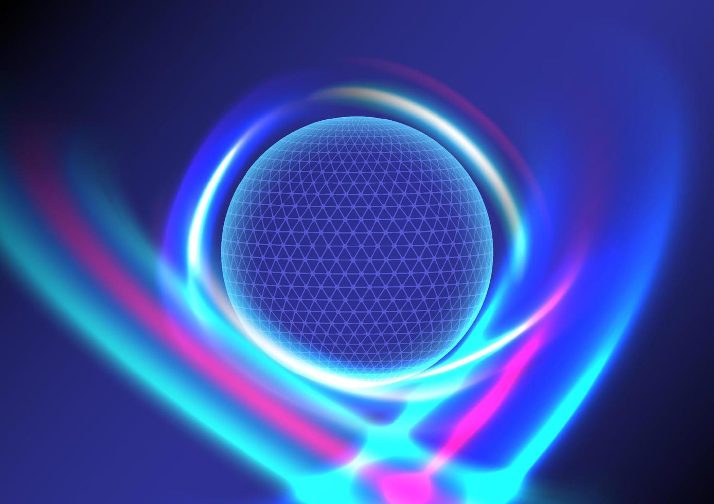 leuchtender Globuskreis auf blauem Hi-Tech-Hintergrund mit mehrfarbigen, hellen, lasergekrümmten Linien um ihn herum auf blauem Hintergrund mit Farbverlauf. vektor