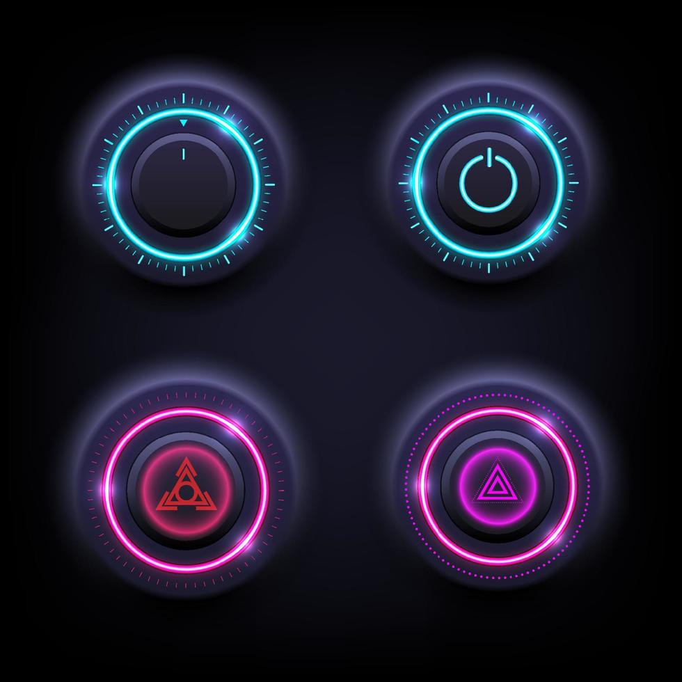 Hightech-Lichtknopf ist ein Satz von vier Stücken, blau, rot, rosa, mit verschiedenen Symbolen. zentriert auf Hintergrund mit Farbverlauf vektor