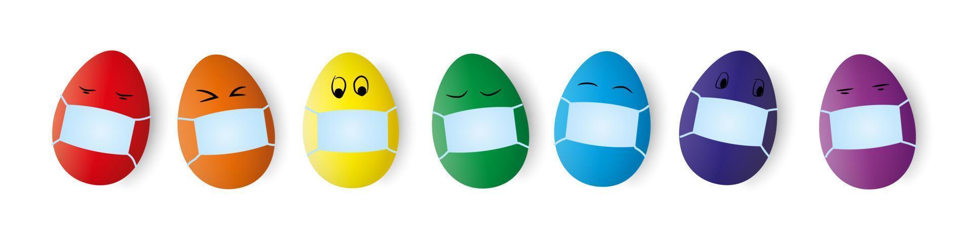 Färg påsk ägg i medicinsk ansikte mask på vit bakgrund. vektor