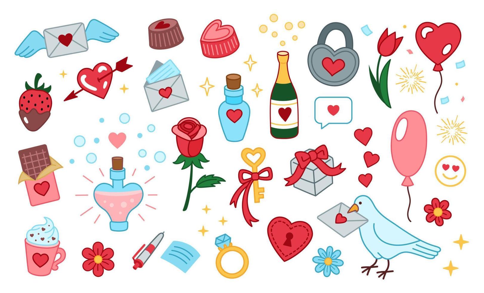 satz niedlicher vektorliebesillustrationen. valentinstag kollektion. designelemente für den valentinstag. romantische Doodle-Vektor-Icons-Pack. handgezeichneter, freihändiger Cartoon-Stil. vektor