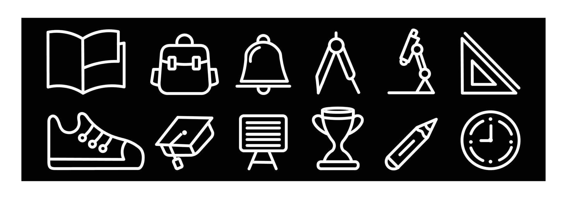 schulikonenpaket, bildung in der schule - dünne linie ikonen eingestellt. ikonen für design auf schwarzem hintergrund vektor
