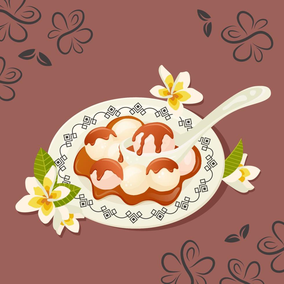 Leckere Reisbällchen mit Sirup in Porzellanschale mit Löffel, Sakura-Blüten. asiatisches traditionelles gericht. Vektor flach gezeichnete Illustration für Restaurantgerichte, Menü, Dessert, Kochkonzept