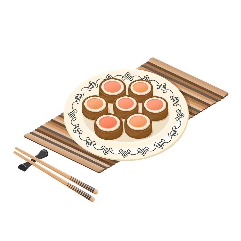 uppsättning av gott ris kex på porslin tallrik med ätpinnar. kinesisk efterrätt närbild. vektor platt dragen illustration för meny, efterrätt, matlagning conceptert