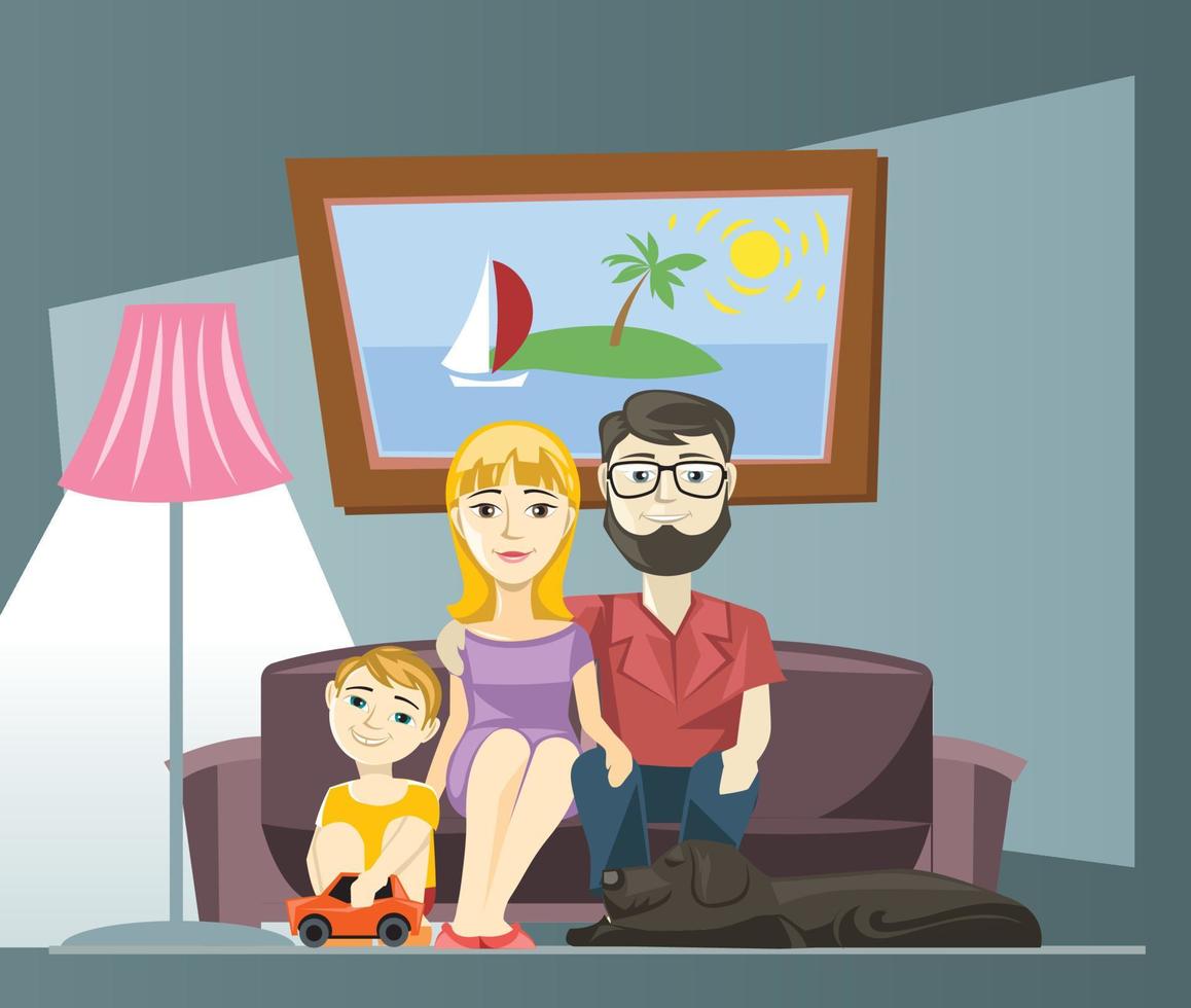 ung familj med mamma, pappa och son Sammanträde på de soffa på Hem. vektor