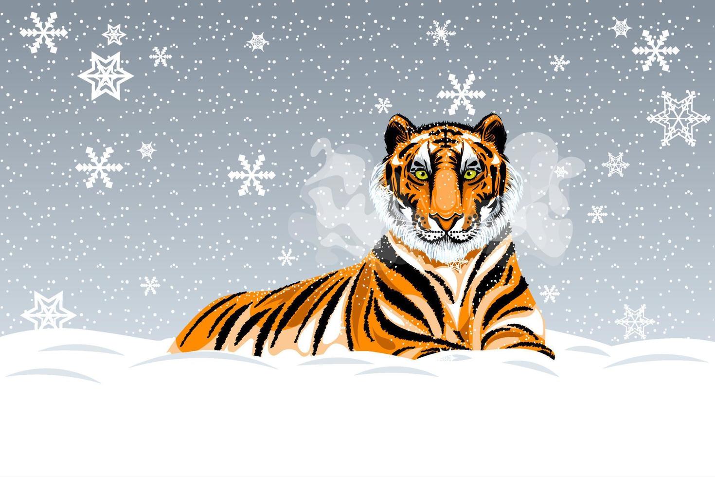 Illustration eines ruhenden rothaarigen Tigers auf dem Hintergrund eines verschneiten Wintertages. vektor