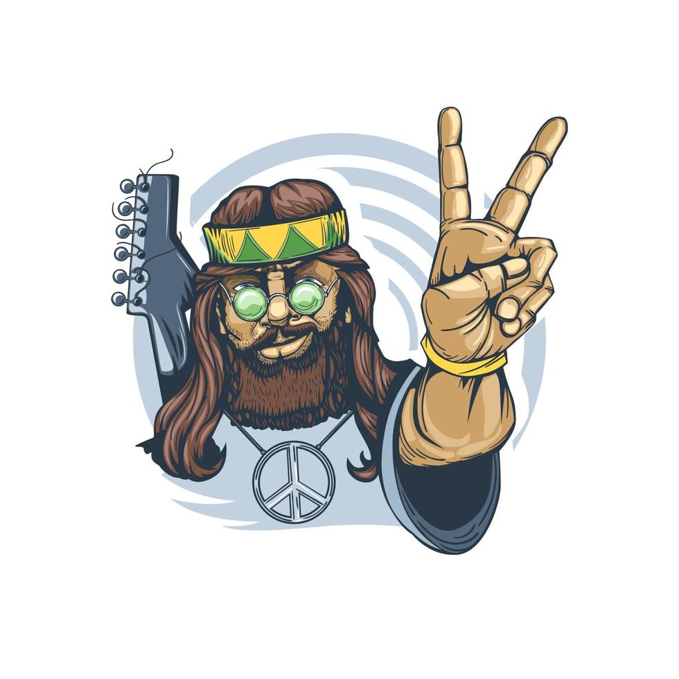 bärtiger Hippie mit einer Gitarre hinter seinem Rücken, der mit seinen Fingern das Zeichen der Freiheit zeigt. kann auf T-Shirts gedruckt werden. vektor