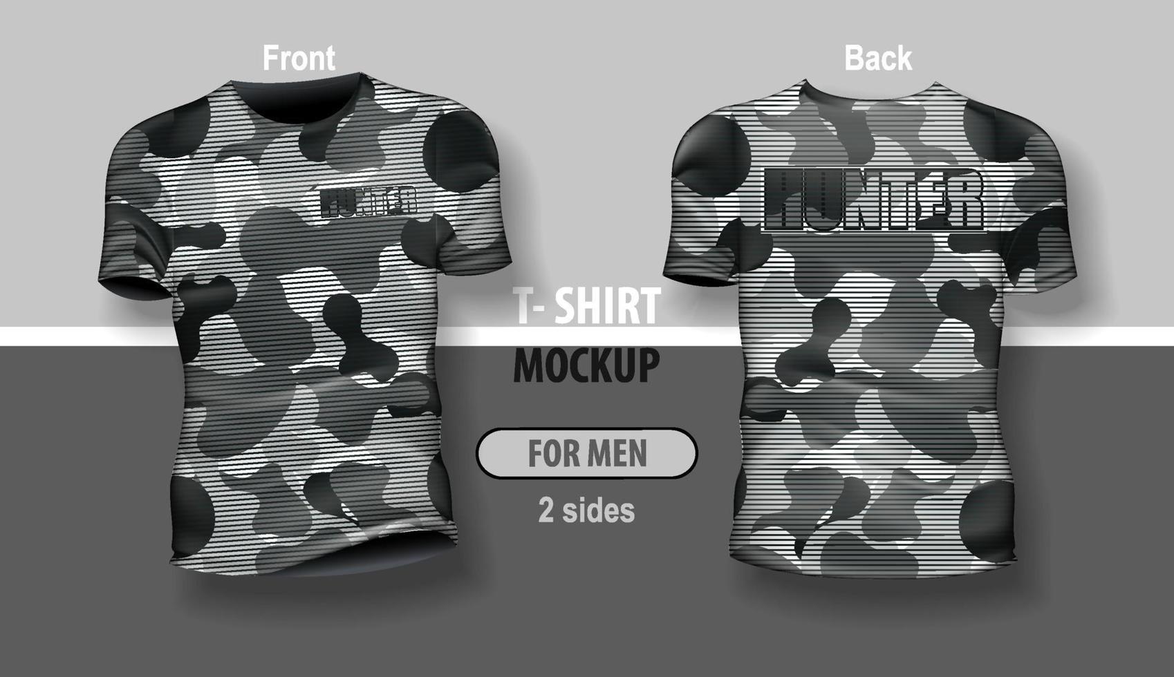 t-shirt för man främre och tillbaka med grå militär kamouflage mönster. mock-up för dubbelsidigt utskrift, skiktad och redigerbar. vektor