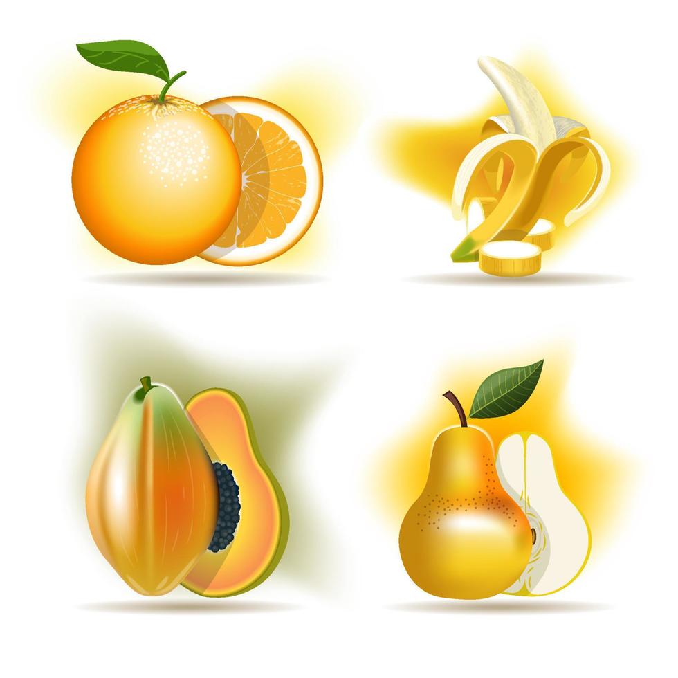 set aus süßen früchten, orange, banane, papaya und birne. vektor