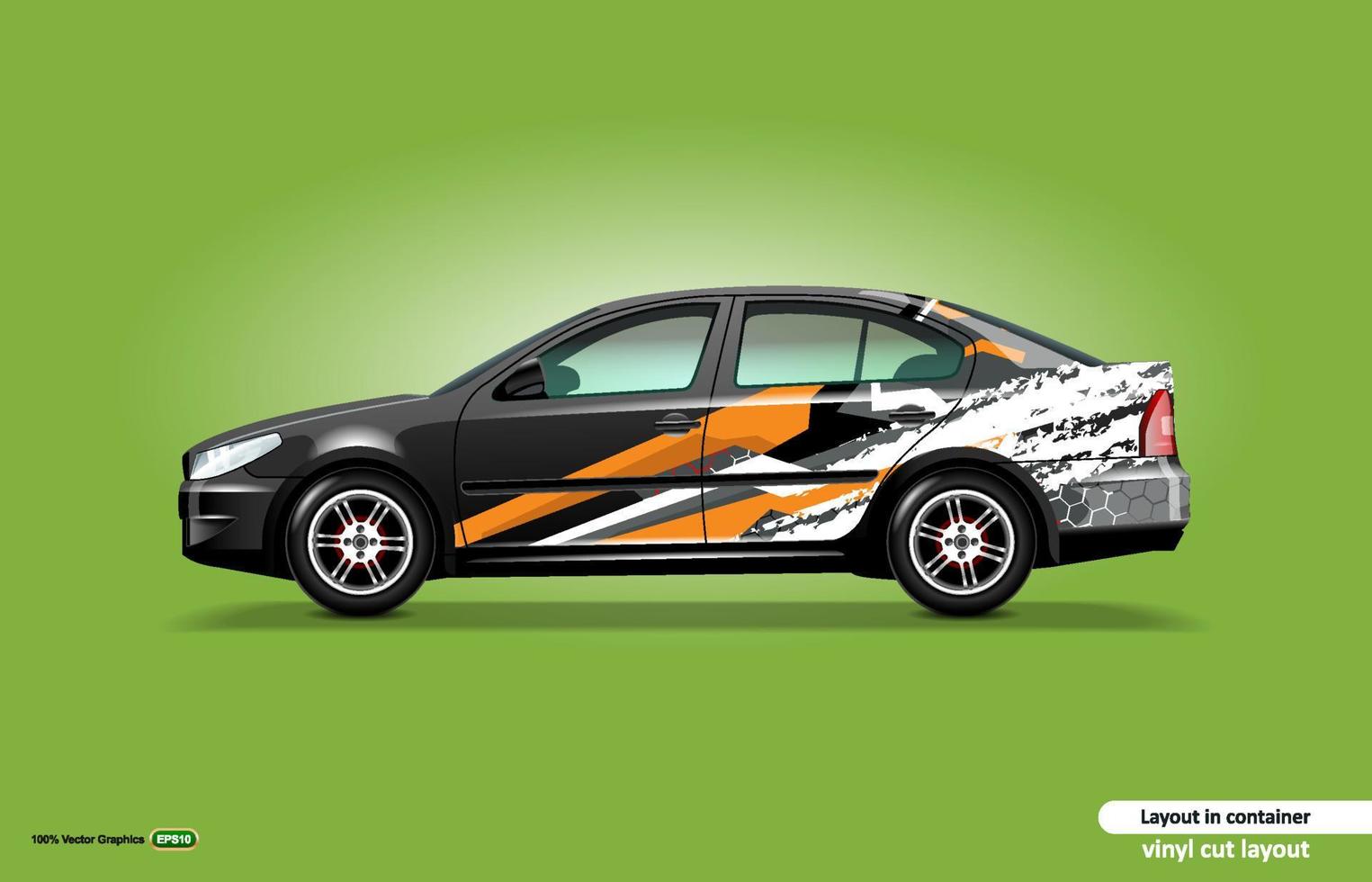 Auto-Aufkleber-Wrap-Design mit abstraktem orangefarbenem Streifenthema auf schwarzem Limousinenauto. vektor