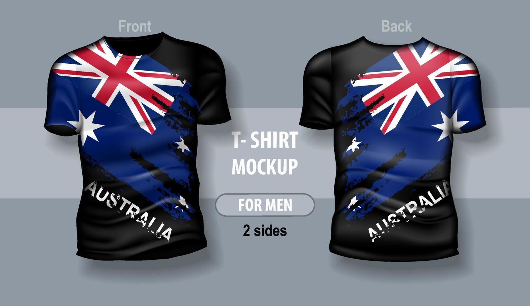 t-shirt för man främre och tillbaka med australier flagga. mock-up för dubbelsidigt utskrift. vektor