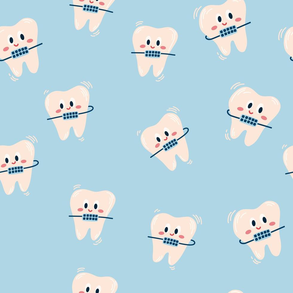 tänder med tandställning sömlös mönster. montera tandställning. rätning tänder. korrektion av byte. tandvård. ortodonti. dental vård. metall tandställning. hetero tänder. vektor illustration