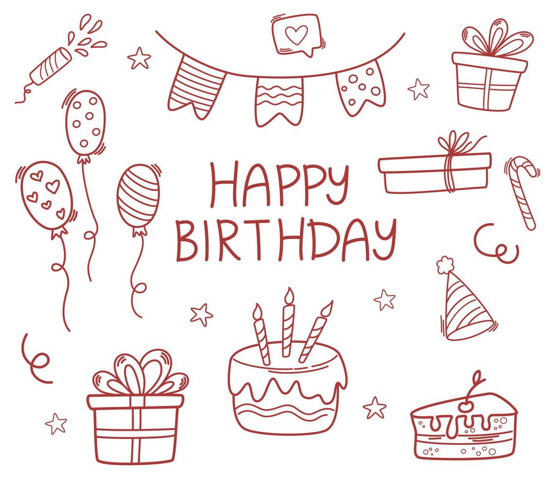 alles Gute zum Geburtstag Doodle-Set. Partydekoration, Geschenkbox, Kuchen, Partyhüte. perfekt zum Drucken, Grußkarten, Geschenke und Scrapbooking. hand gezeichnete vektorillustration lokalisiert auf weißem hintergrund. vektor