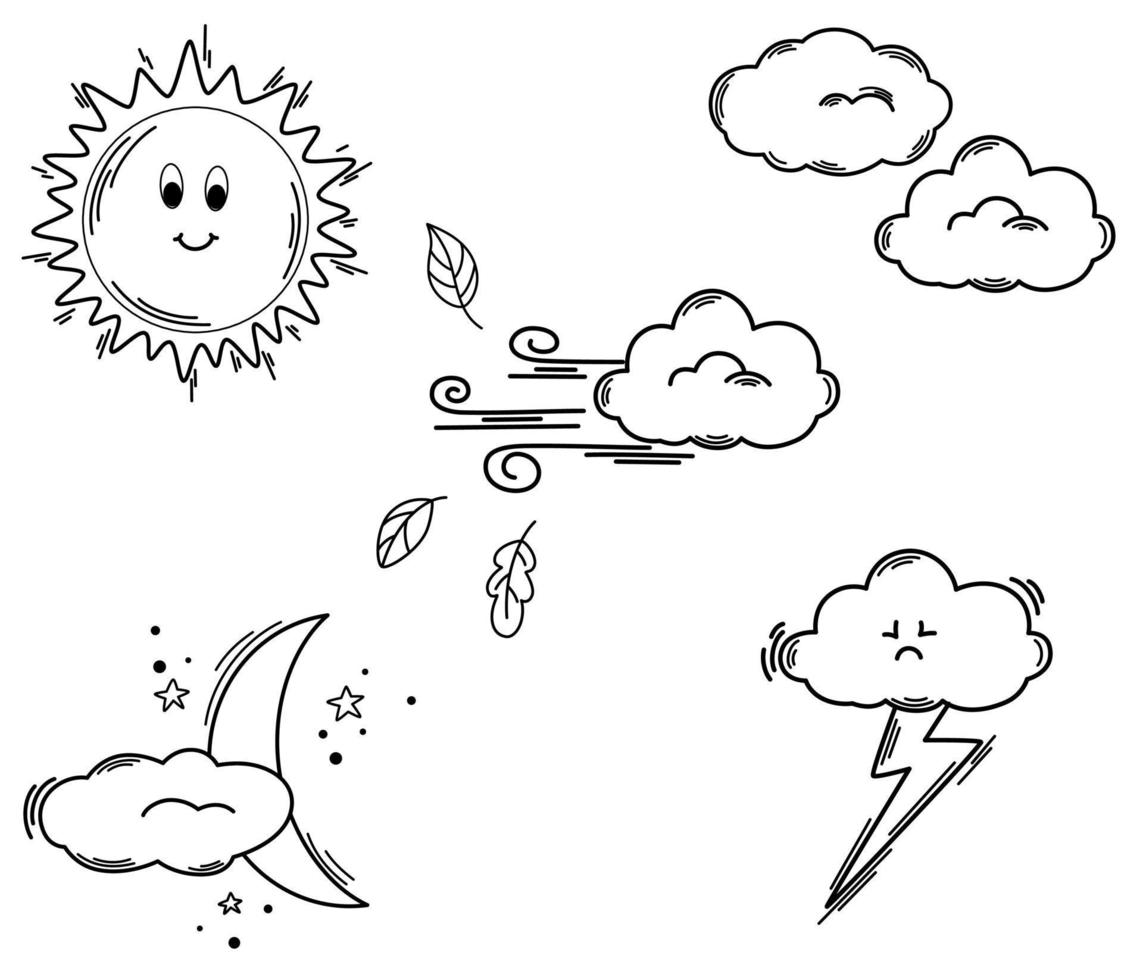 Wetter-Doodle-Set. Sonne, Wolken, Wind, Gewitter, Monat. Wettervorhersage. hand gezeichnete vektorillustration lokalisiert auf dem weißen hintergrund. vektor