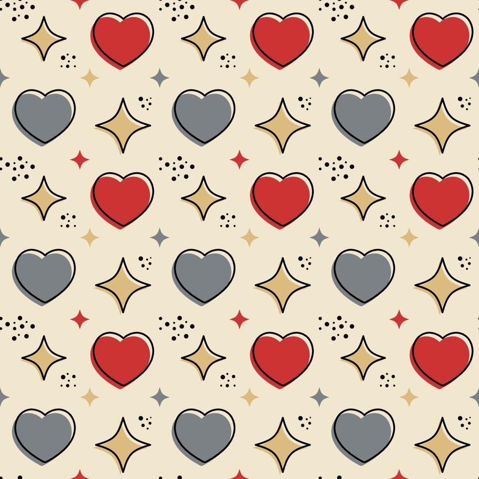 häftig hjärtan form sömlös mönster. retro fyrkant baner med röd, grå hjärtan och stjärnor på en beige bakgrund vektor
