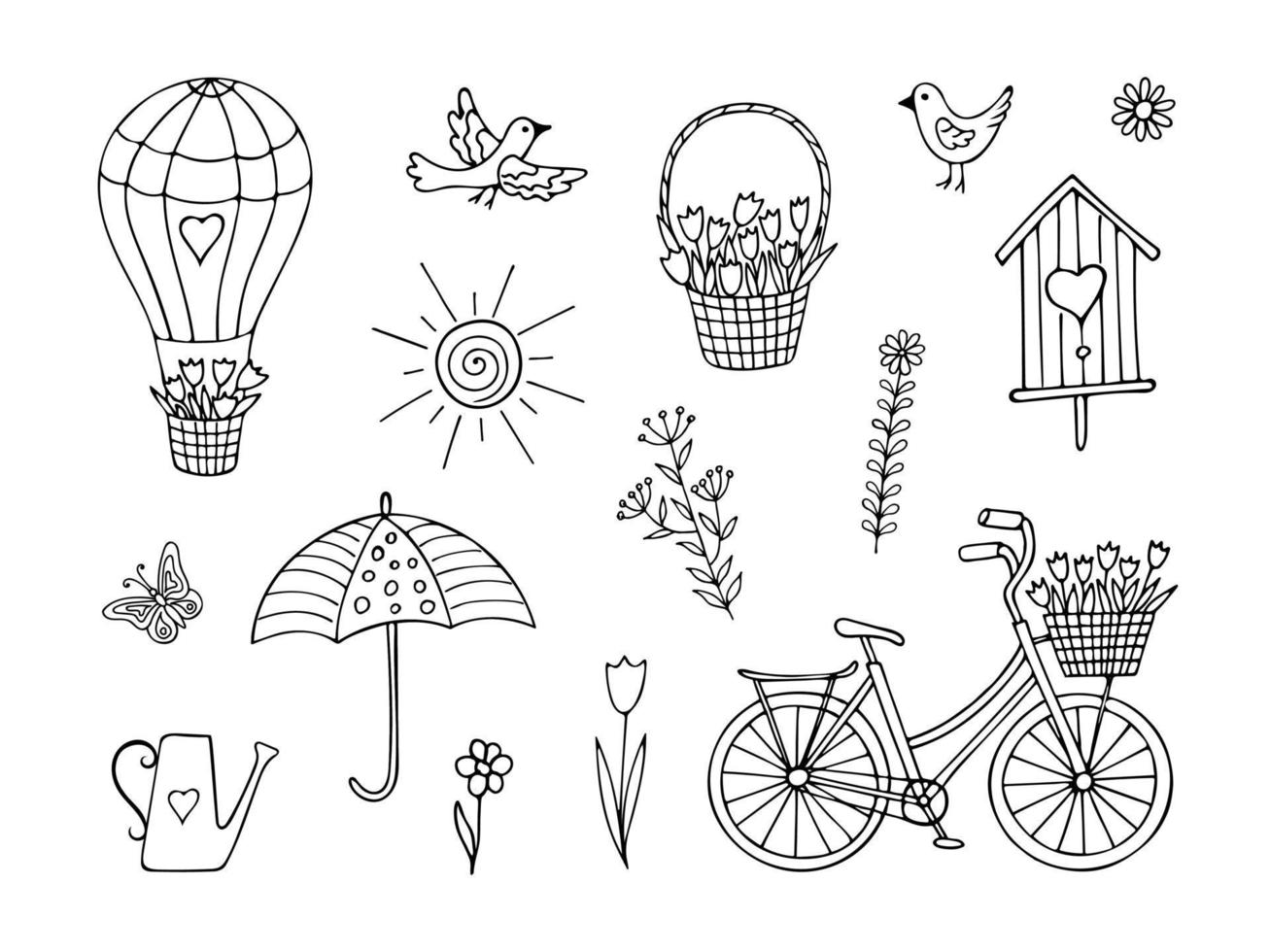 Set von Doodle-Federelementen isoliert auf weißem Hintergrund. handgezeichnete vektorillustration von fahrrad, ballon, korb, tulpe, vogel, regenschirm und vogelhaus. gut für kinder malbuch vektor