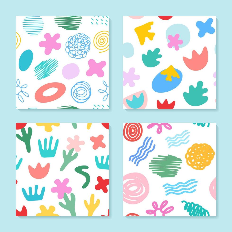 uppsättning av fyra sömlös mönster med abstrakt färgrik former för vår och sommar design. platt vektor blommig illustration på en vit bakgrund.