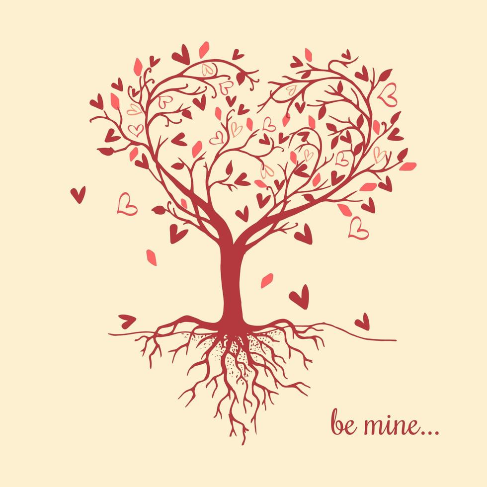 skön träd med hjärta formad rot. träd silhuett med hjärta löv. de konst träd är skön för din hjärtans dag design. vektor illustration.