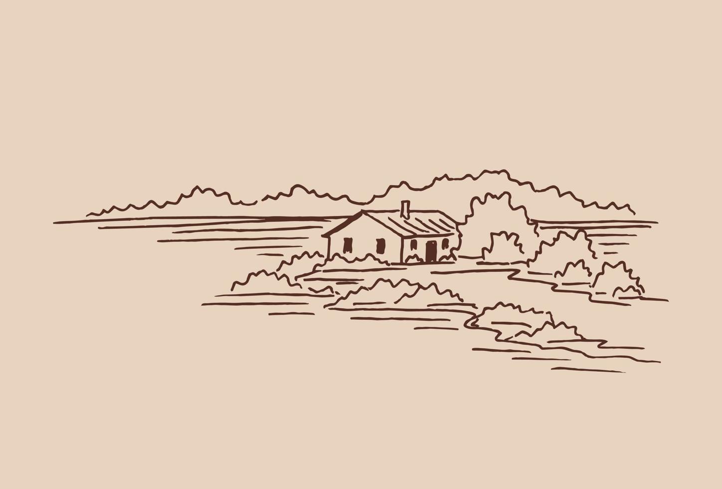 Landschaft mit Landhaus. handgezeichnete illustration in vektor umgewandelt.