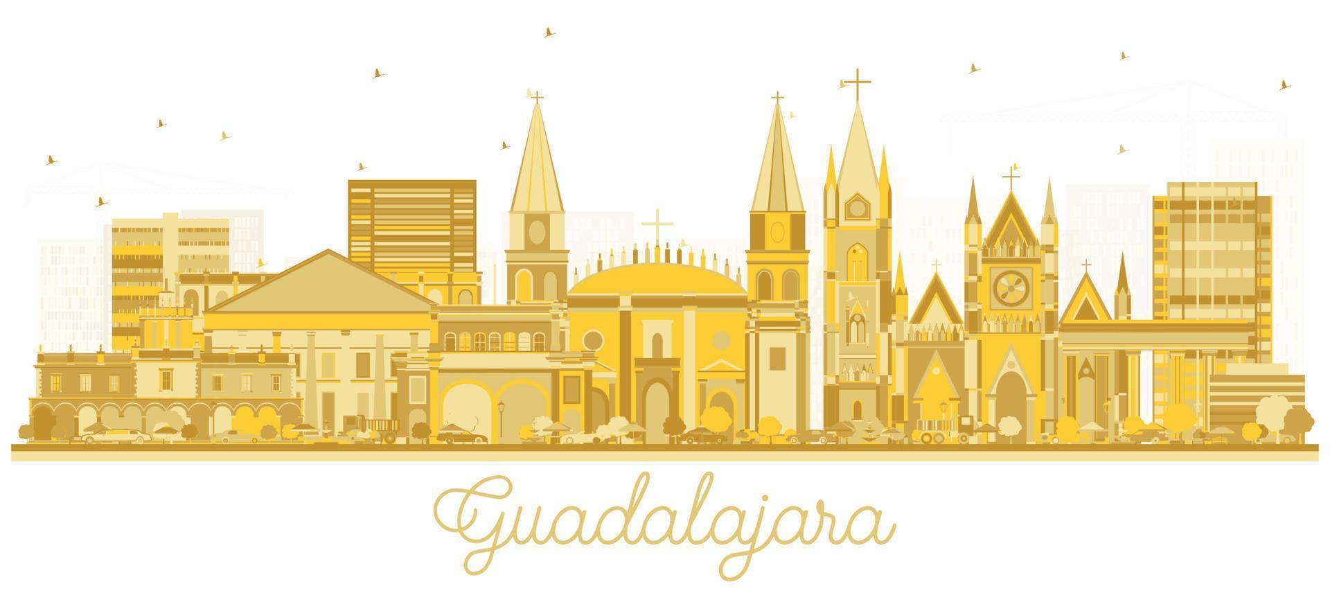 guadalajara mexiko city skyline silhouette mit goldenen gebäuden isoliert auf weiß. vektor
