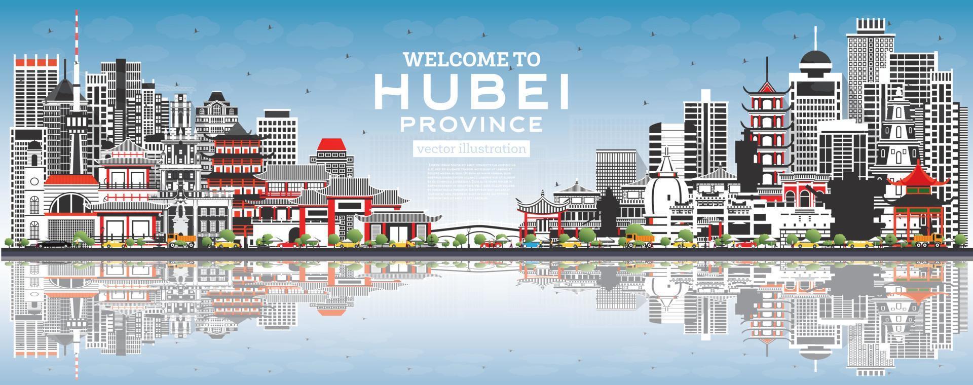 Välkommen till hubei provins i Kina. stad horisont med grå byggnader och blå himmel. vektor