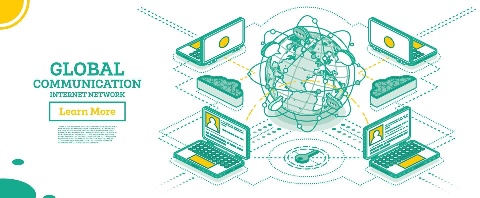 isometrisk global kommunikation nätverk med planet jorden. data utbyta. vektor