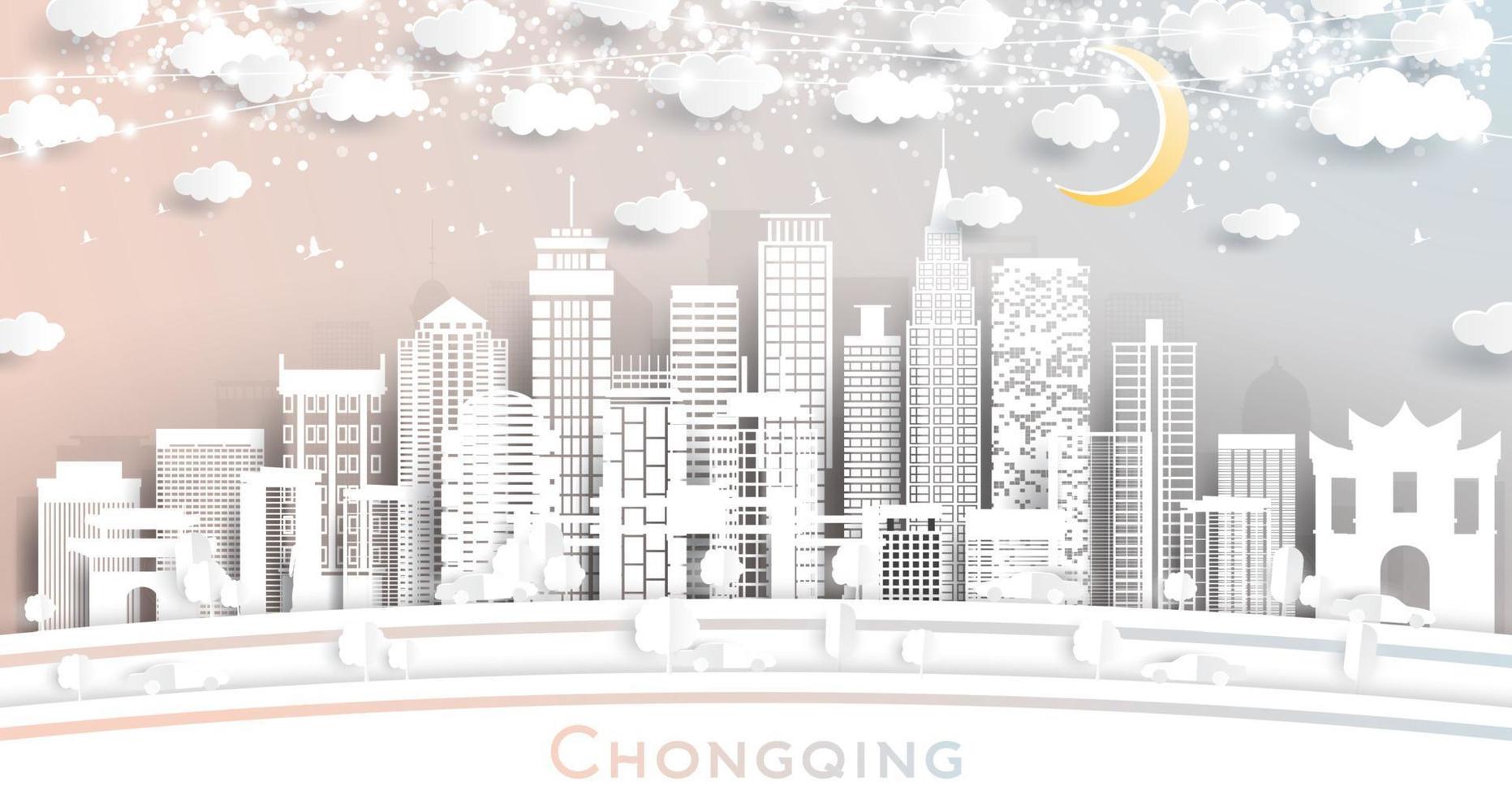 chongqing china city skyline im papierschnittstil mit weißen gebäuden, mond und neongirlande. vektor