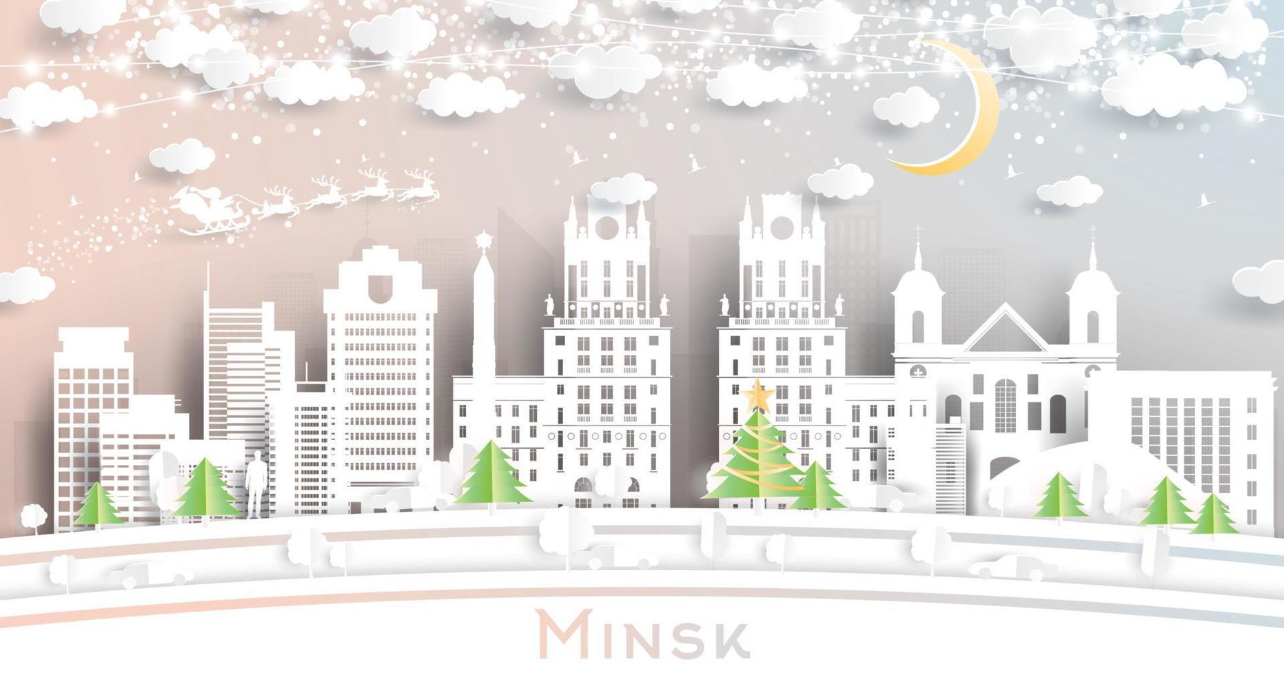 minsk Vitryssland stad horisont i papper skära stil med snöflingor, måne och neon krans. vektor