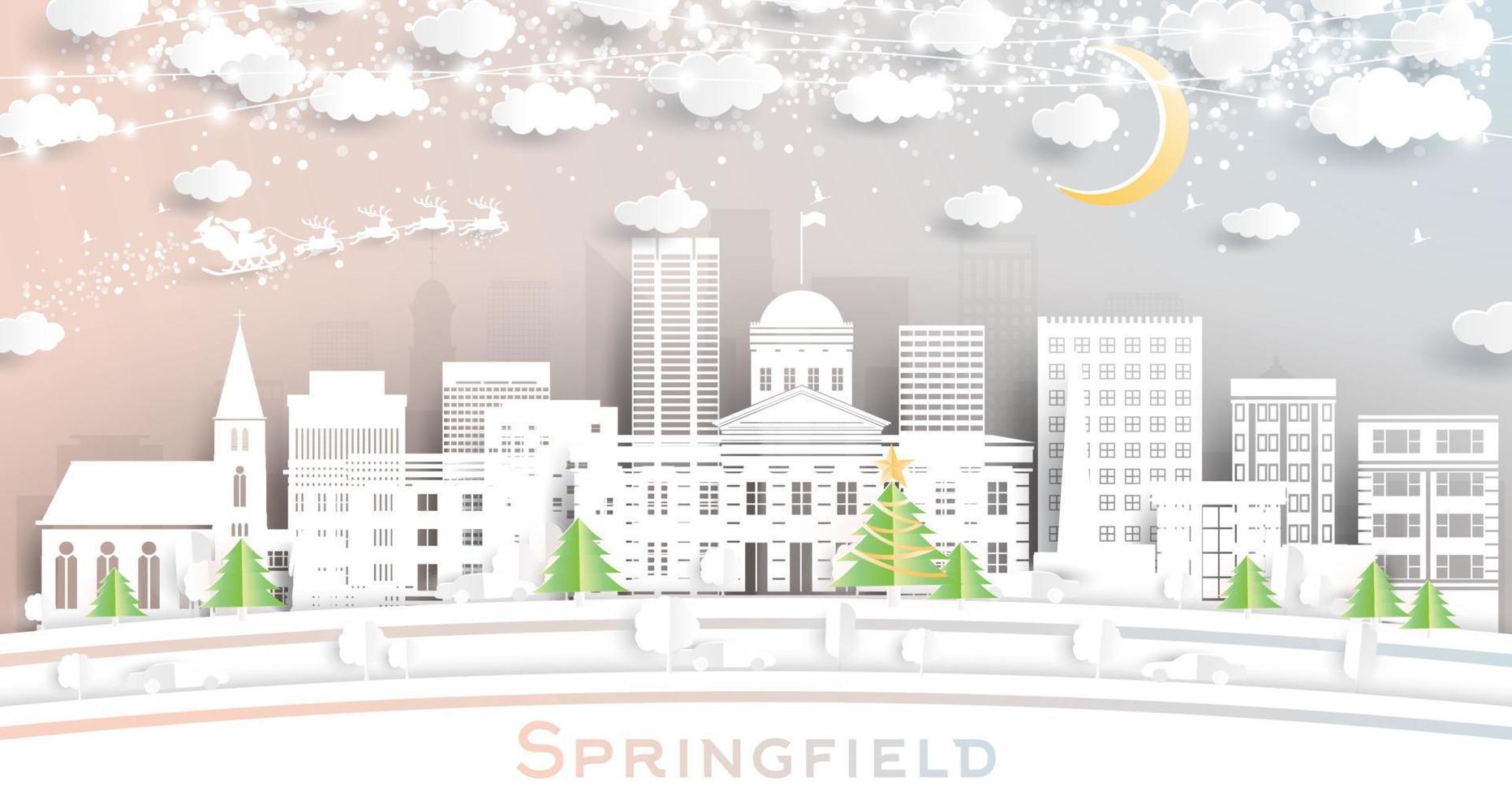 springfield Illinois USA stad horisont i papper skära stil med snöflingor, måne och neon krans. vektor