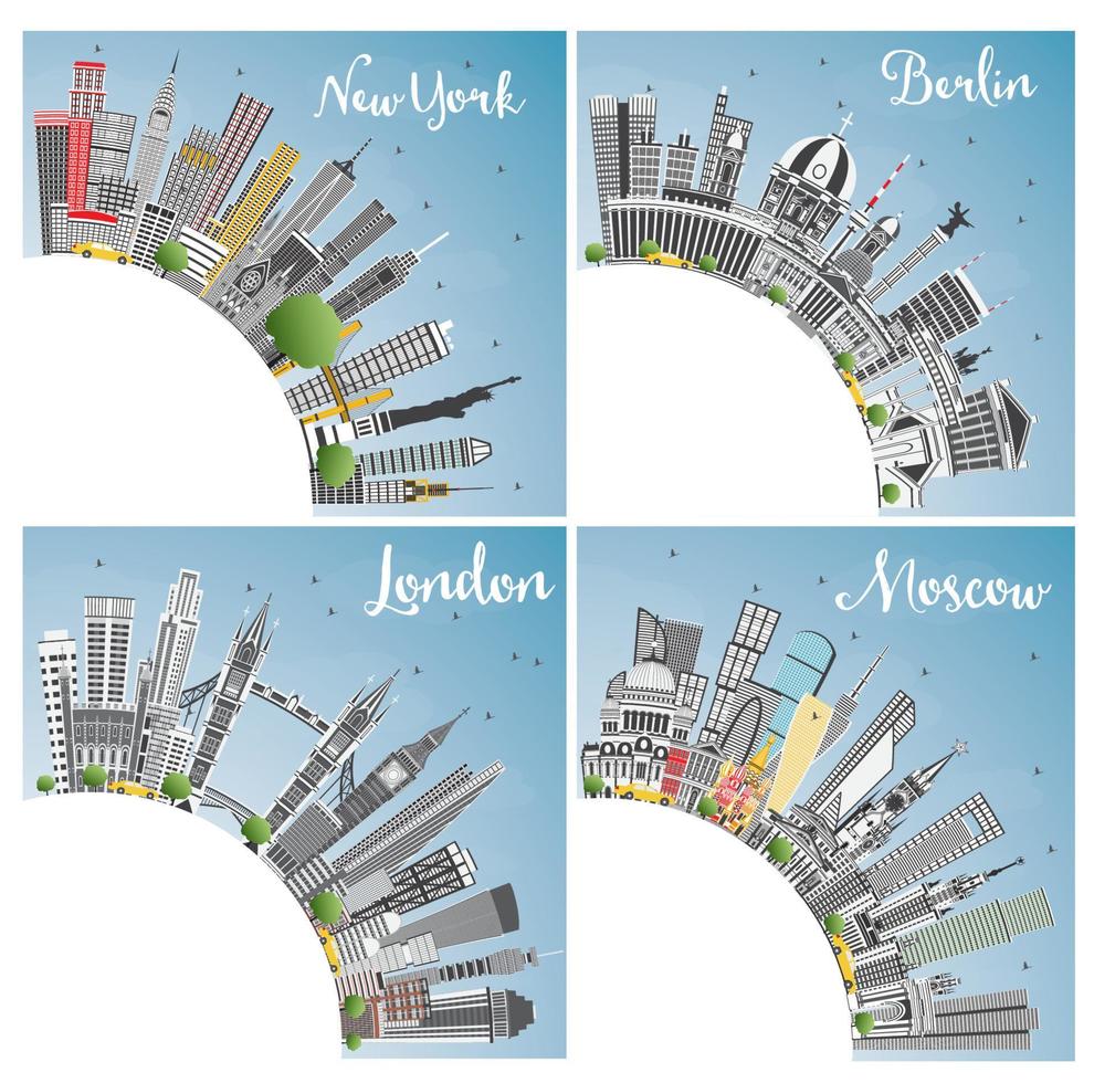 london, berlin, moskva och ny york stad horisont med grå skyskrapor, blå himmel och kopia Plats. vektor