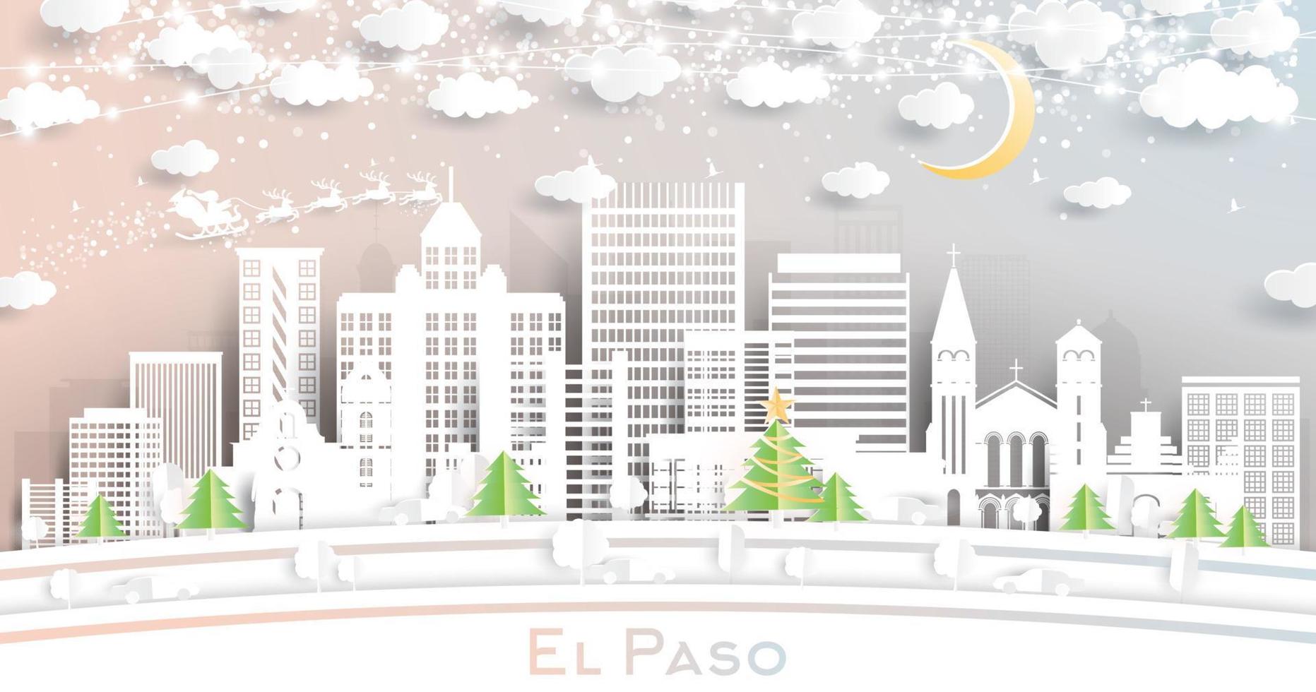 el paso texas city skyline im papierschnittstil mit schneeflocken, mond und neongirlande. vektor