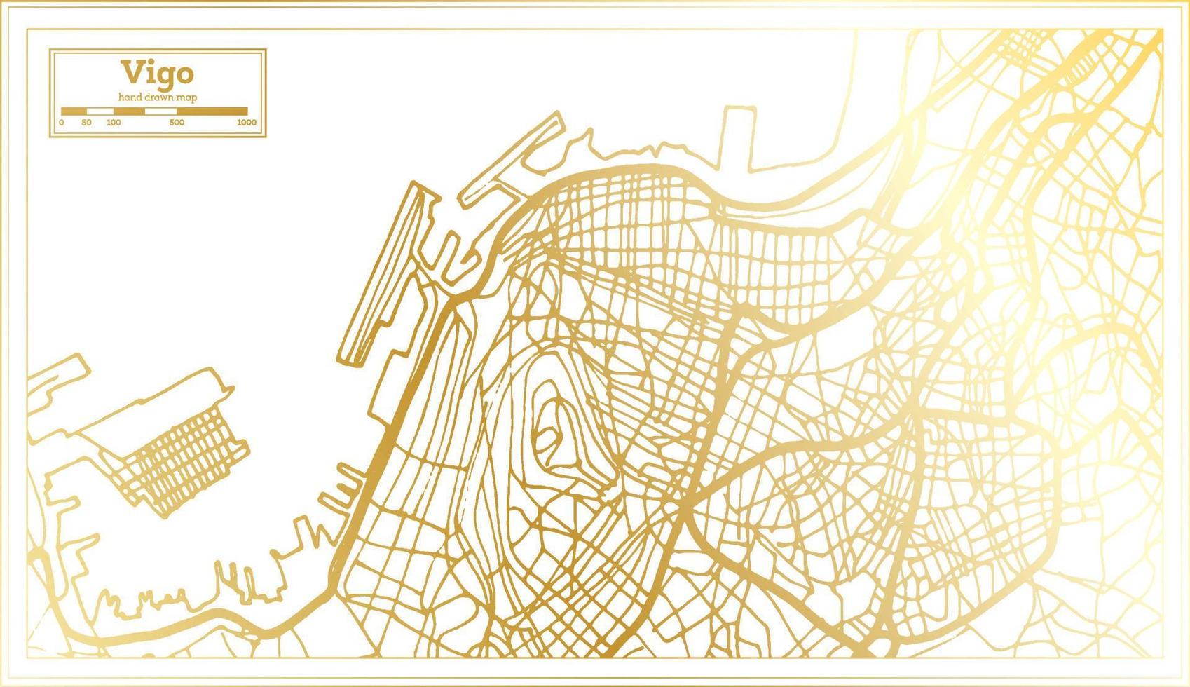 vigo Spanien stad Karta i retro stil i gyllene Färg. översikt Karta. vektor