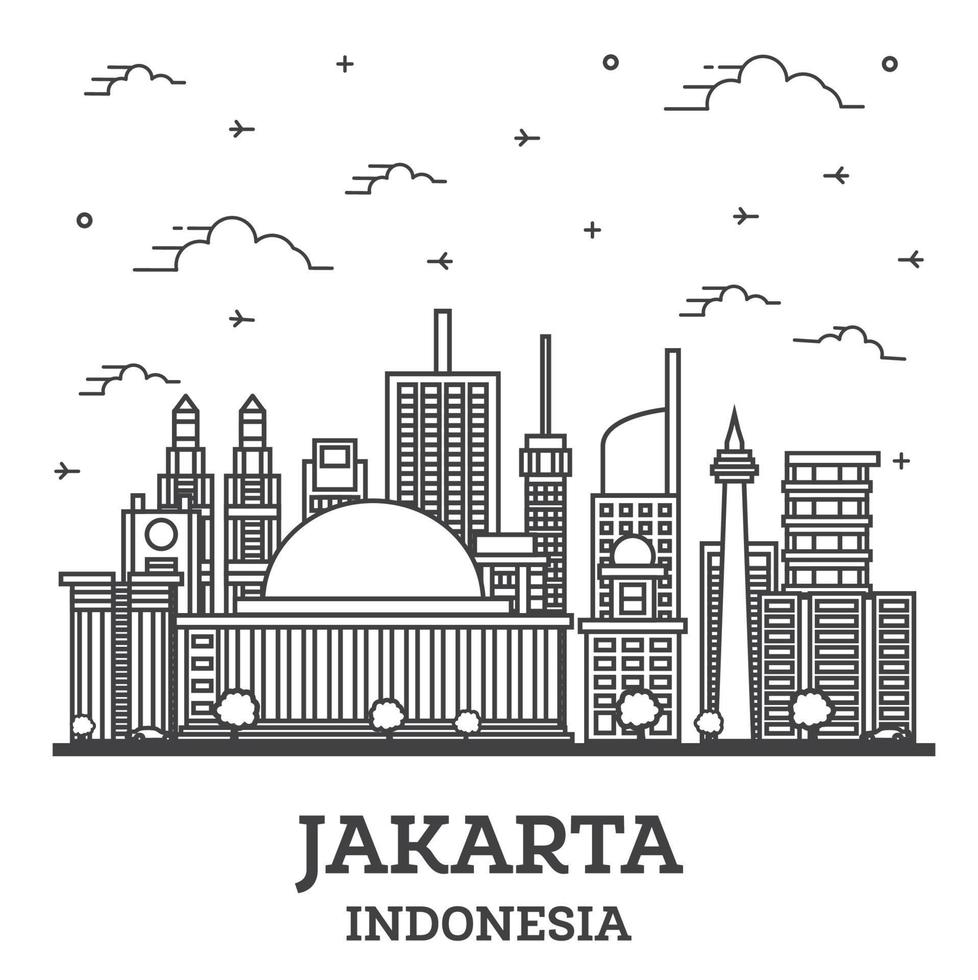 skizzieren sie die skyline von jakarta indonesien mit modernen gebäuden, die auf weiß isoliert sind. vektor