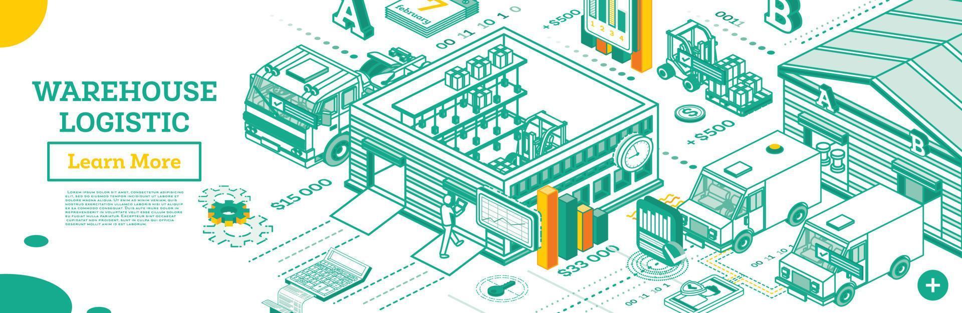 lager exteriör. isometrisk översikt begrepp med magasin byggnader. lager logistik systemet. vektor