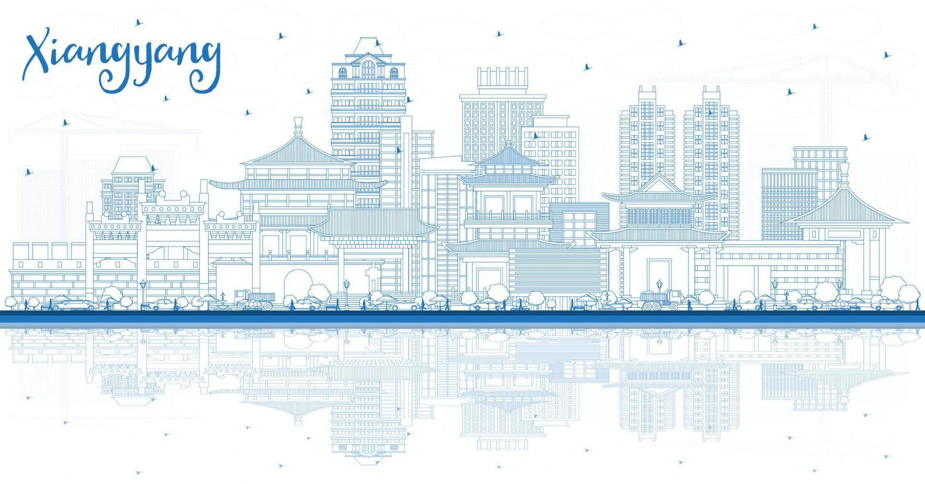 översikt xiangyang Kina stad horisont med blå byggnader och reflektioner. vektor