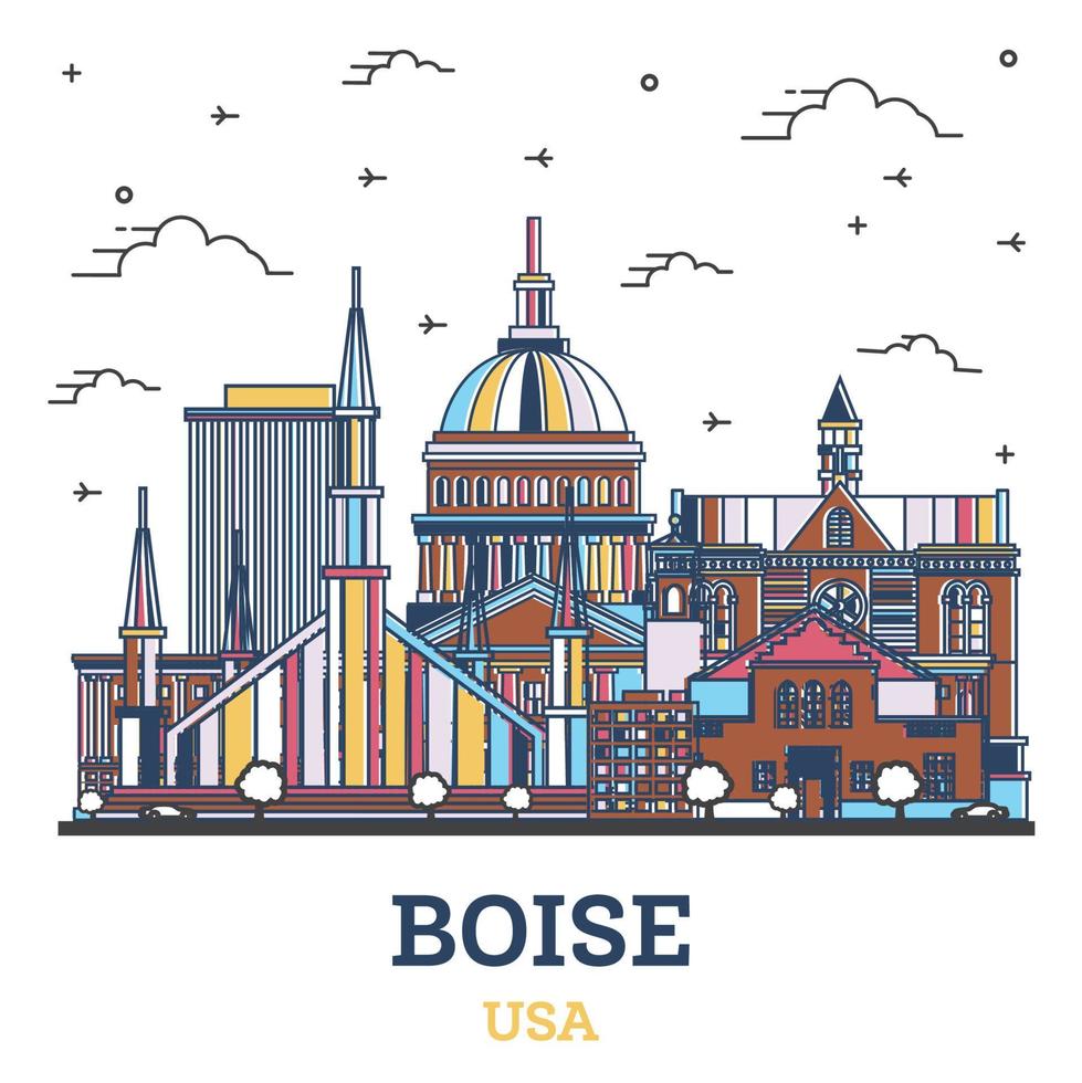 skizzieren sie die skyline von boise idaho mit farbigen modernen gebäuden, die auf weiß isoliert sind. vektor